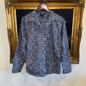 Lands’ End Blue Pink Floral Print No Iron Supima Cotton Button Down Top 12